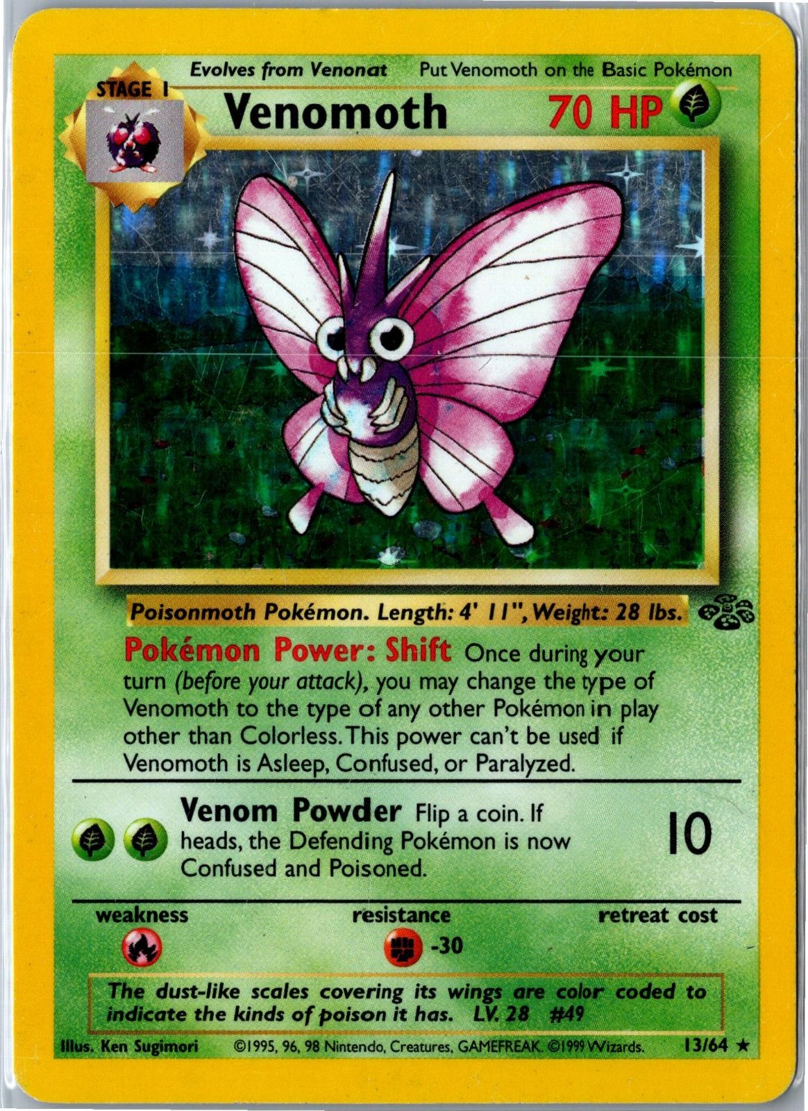 Vintage Pokemon Card - Venomoth Jungle 13/64 1999 Rare Holo Unlimited MP