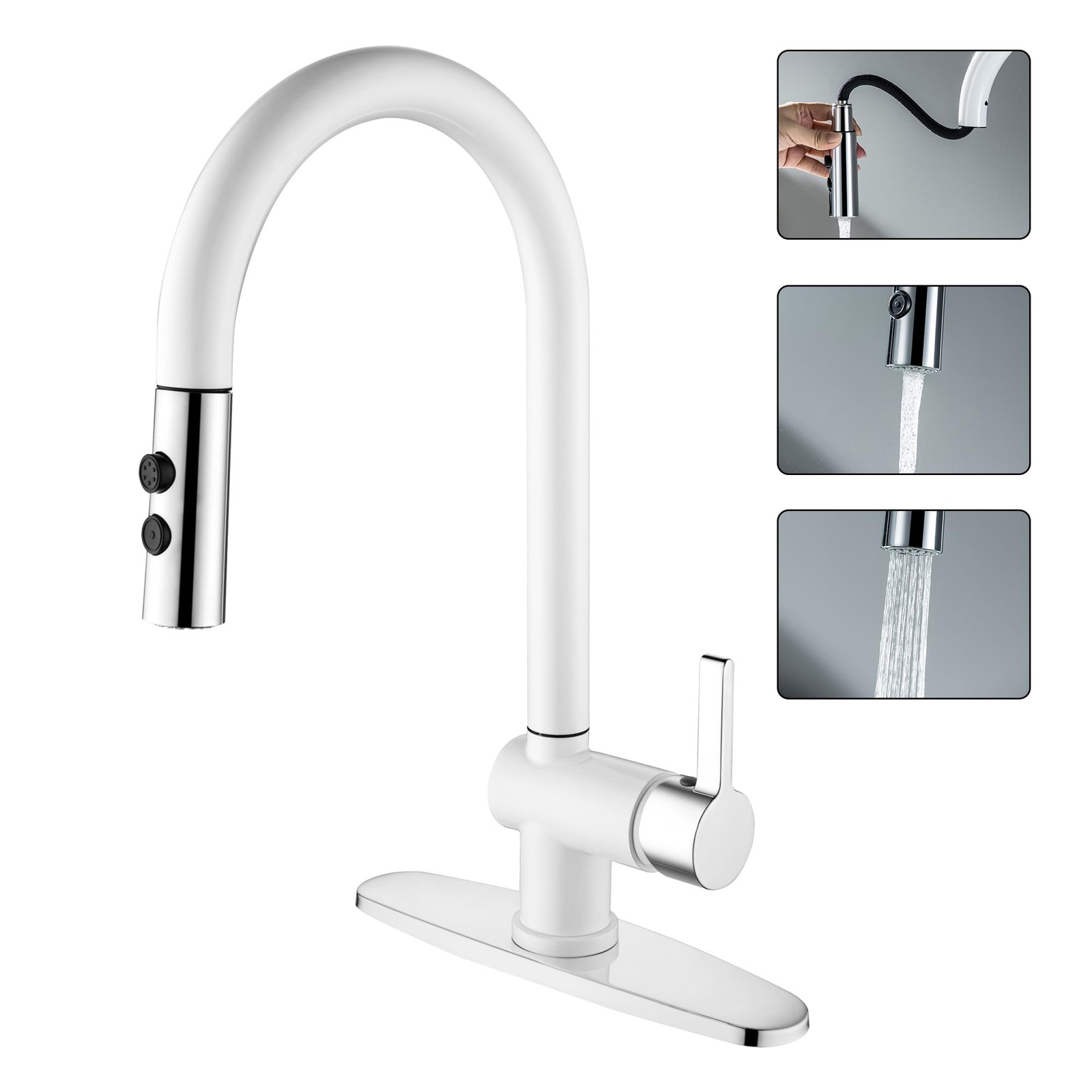 With Pull Down Sprayer, White Kitchen Faucet For 1 Or 3...