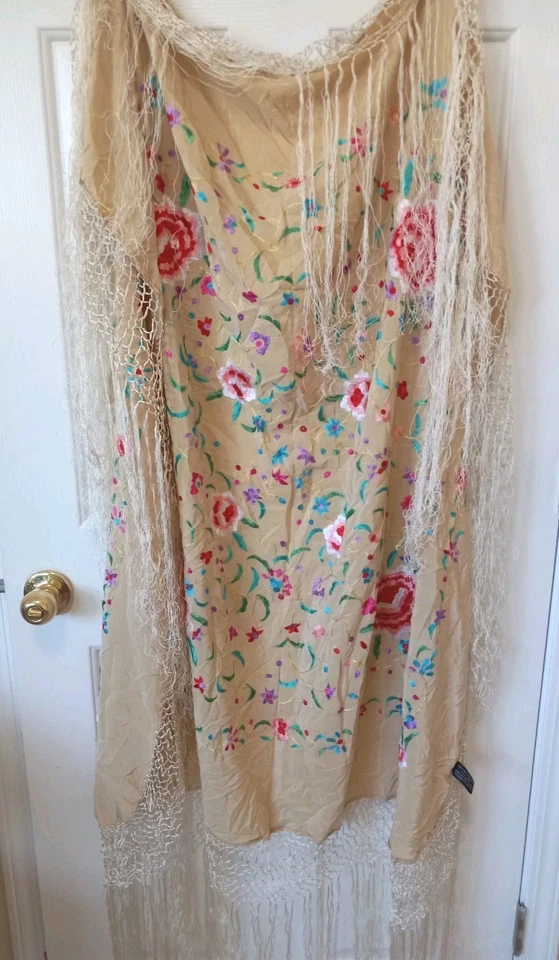 Women's 100% Hand Embroidered Silk Floral Fringe Square Piano Scarf Shawl Boho - Image 4 of 4