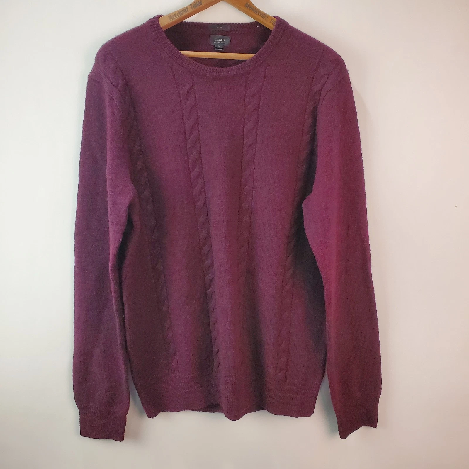 J Crew Sweater Men Large Slim Fit Maroon Merino Wool Elbow Suede Patch Crew