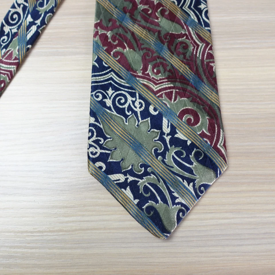 Mens Neck Tie Blue Green Swirl Stripe Silk Retro Tribal Filigree STRUCTURE USA - Image 4 of 4