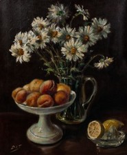 Très belle peinture HST d'une composition florale avec des fruits