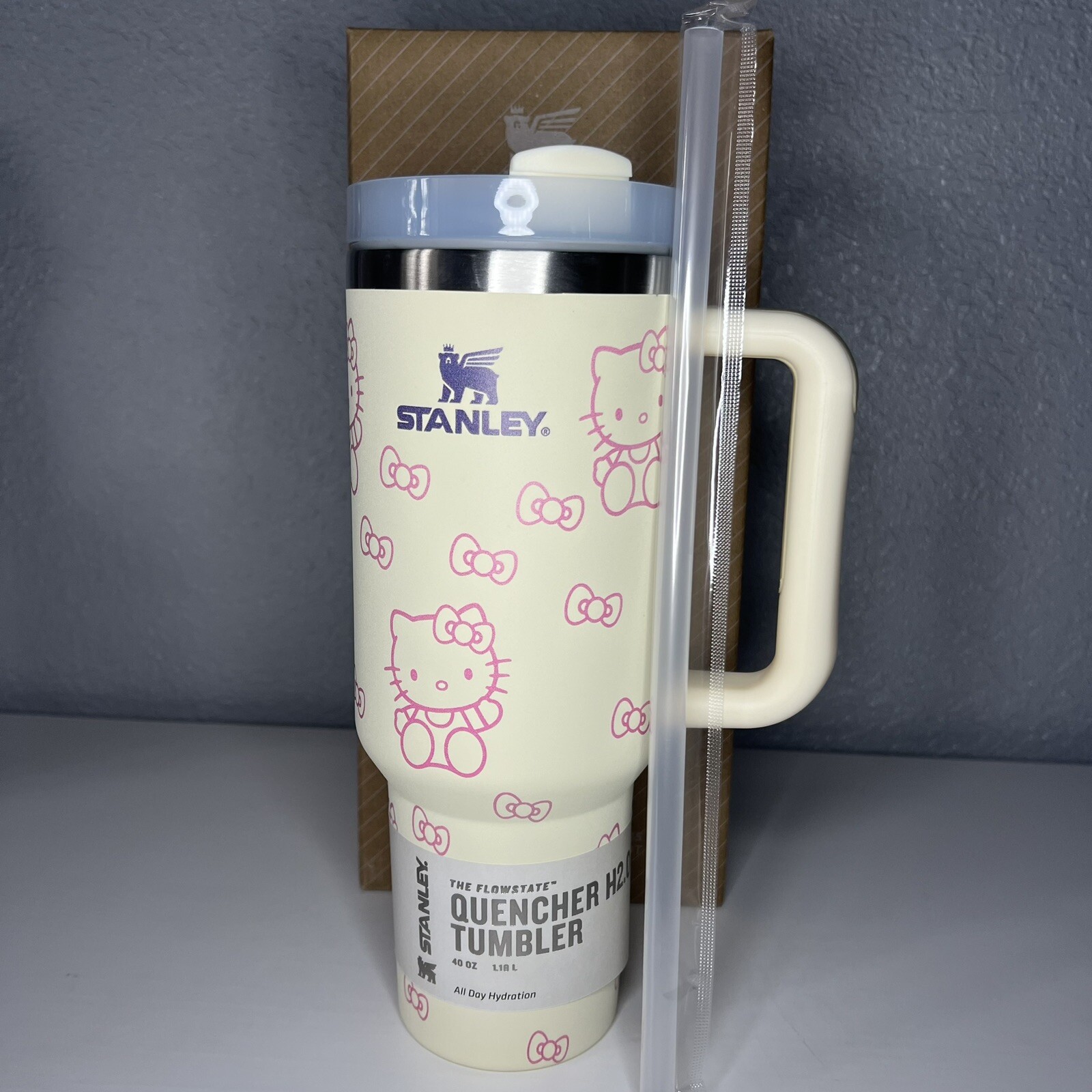 Hello Kitty Engraved Stanley Tumbler Cream & Pink With Straw- 40oz