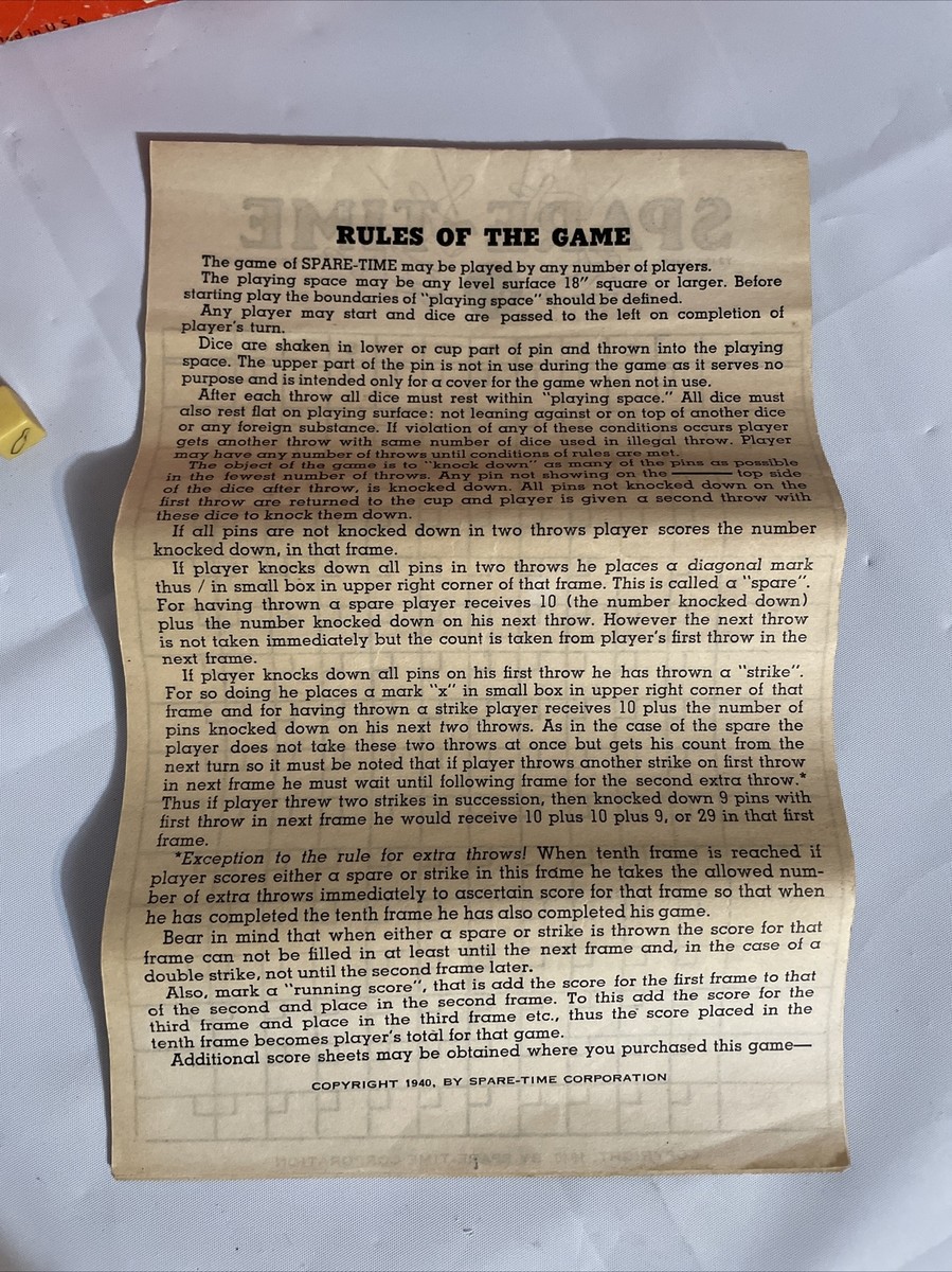 SpareTime Parlor Bowling Game. Original Box. Rules Score Sheets