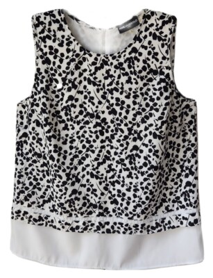 Karl Lagerfeld Paris Tunic Blouse L Black White Sleeveless Abstract Floral Lined