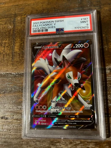 POKEMON 2021 SWSH Evolving Skies Full Art LYCANROC V #187 PSA 9 RARE