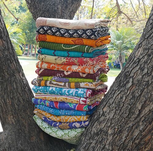 Vente en gros couverture vintage Kantha couvre-lit indien fait main courtepointe coton - Photo 1 sur 12