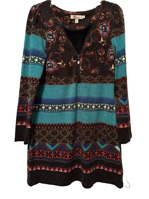 aryeh fall dresses Aryeh Dress Women's Large Floral Long Sleeve 1/2 Zip Teal Brown Acrylic  Blend