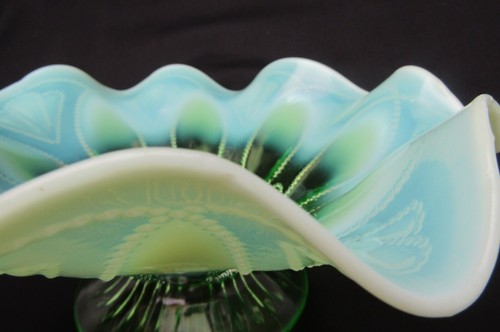 Antique Northwood Glass 1906 Roulette Green Opalescent Ruffled Glass 8.5" Bowl - Picture 8 of 12