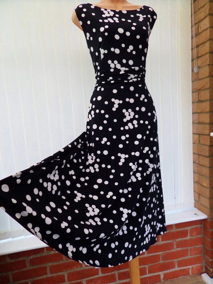 JESSICA HOWARD 'MISSY' BLACK WHITE SPOT POLKA DOT 50'S RUCHED MIDI DRESS 12 BNWT - Image 1 of 4