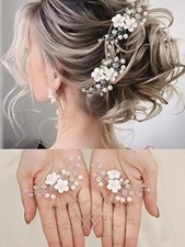Flower Bride Wedding Hair Pins Rhinestones Bridal Head Piece Pearl Hair