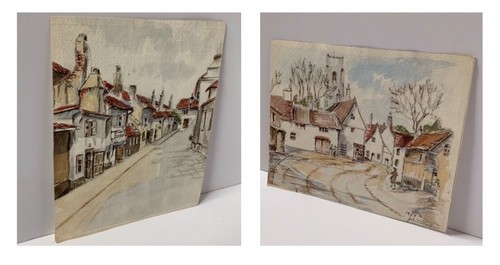 VINTAGE DOUBLE SIDED WATERCOLOUR PAINTING TOWN BUILDING CHURCH SIGNED DATED 1959 - Picture 23 of 24