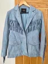 Maje Blue Fringed Suede Leather Jacket, Size 36/uk 8