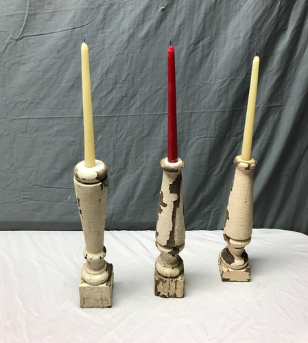 Set 3 Turned Wood Shabby White Spindles Candle Stick Holders Old VTG 2081-23B - Picture 3 of 10