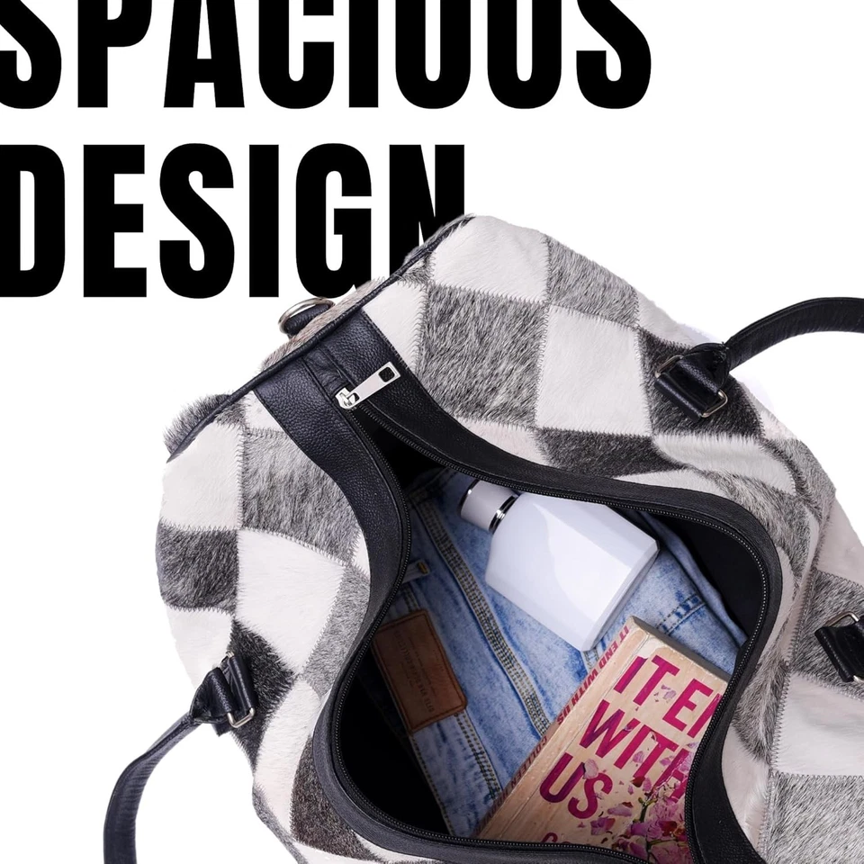 Bolso de Lona de Cuero de Vaca Piel de Vaca Pelo Gris Blanco Bolso de Fin de Semana Bolso de Viaje Foto 4 de 4