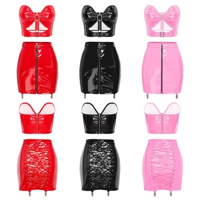 DE Damen Unterwäsche Leder Lingerie Set Wet Look Crop Top Date-Night Mini Rock