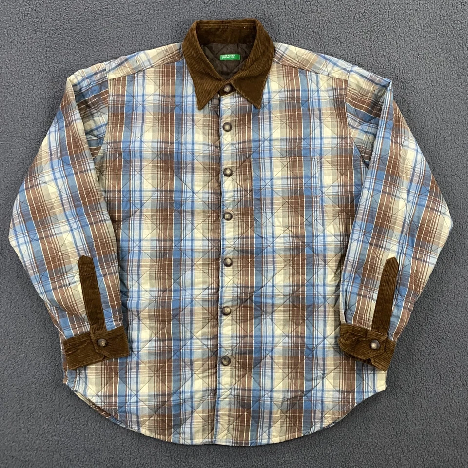 Shirt Jacket Mens Large Flannel Quilt Lined Corduroy Plaid Snap Button VTG Italy - Image 2 of 4