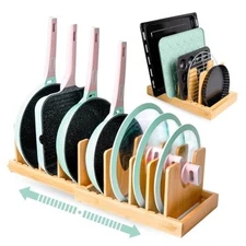 Pots and Pans Organizer under Cabinet, Bamboo Expandable Bakeware and Natural