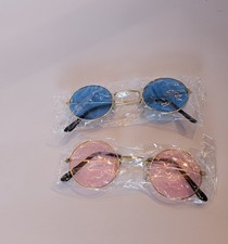 Round Gold Metal Frame Sunglasses Blue Pink Tinted Plastic Lenses Retro Fun
