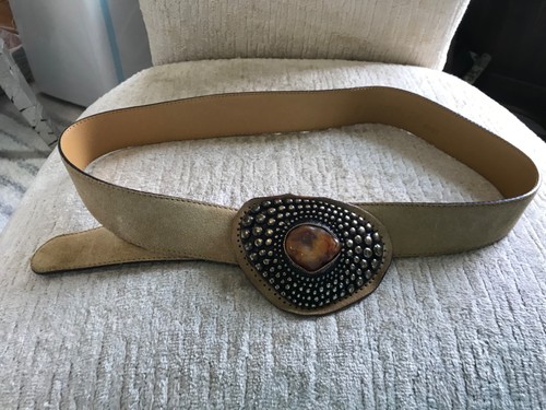 VINTAGE VITANUOVA ITALIAN LEATHER/SUEDE BRUTALIST BRASS AGATE BUCKLE MCM 4688 - Picture 5 of 12