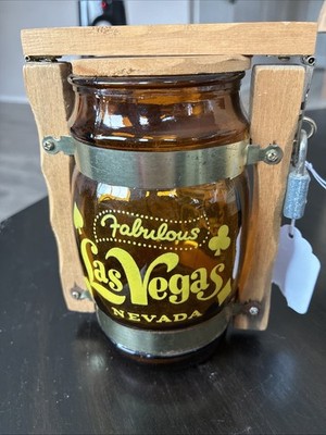 Vintage 1960s Las Vegas Lock Map Souvenir Amber Glass Bank Wood Handles
