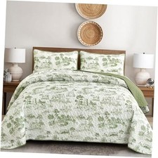 Farmhouse Quilt Set King Size, Spring Toile Rustic King 106"x90" Sage Green