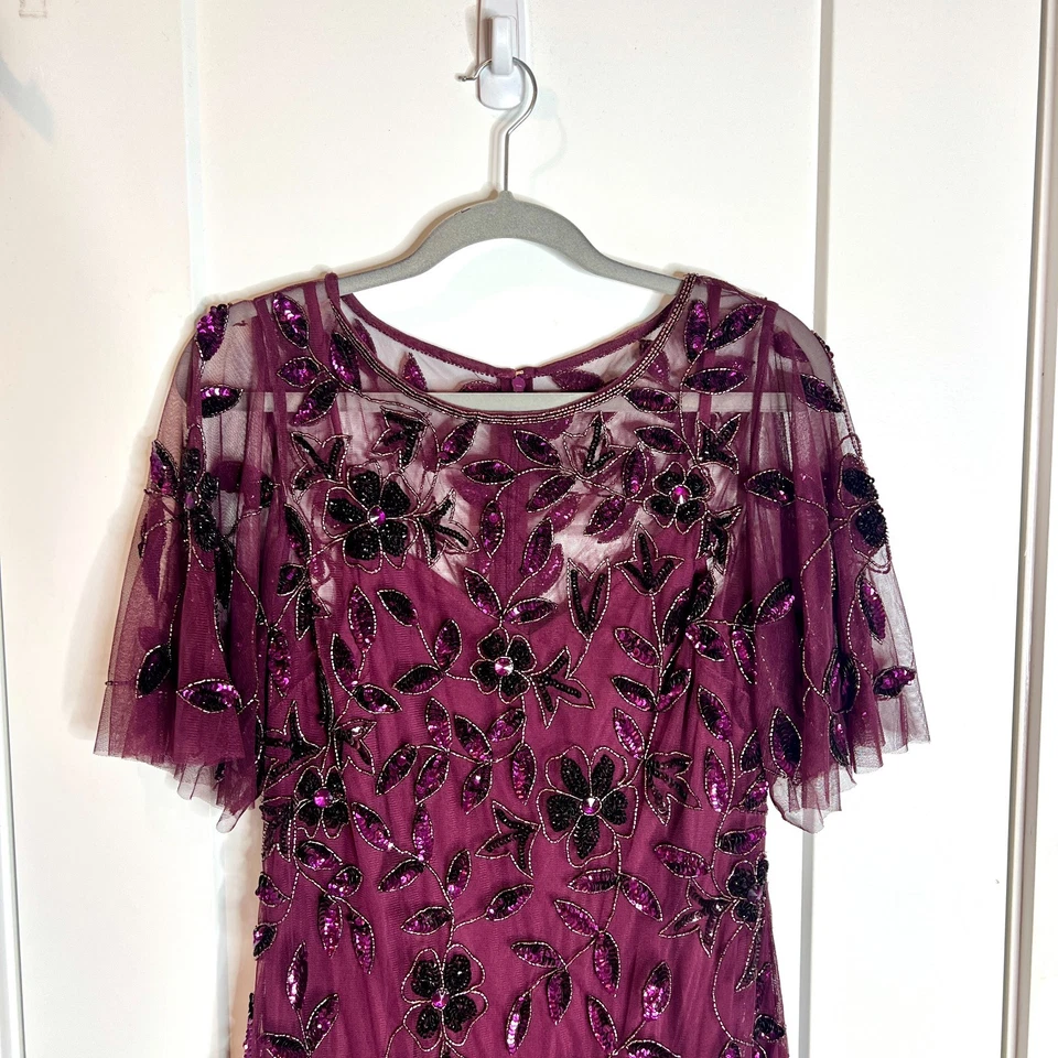 Adrianna Papell Purple Sequin Embroidered A-Line Cocktail Dress MOB Party Sz 12 - Image 3 of 4