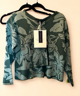 Adrienne Vittadini Women's S Green Floral Glitter Knit V-Neck Pullover Sweater