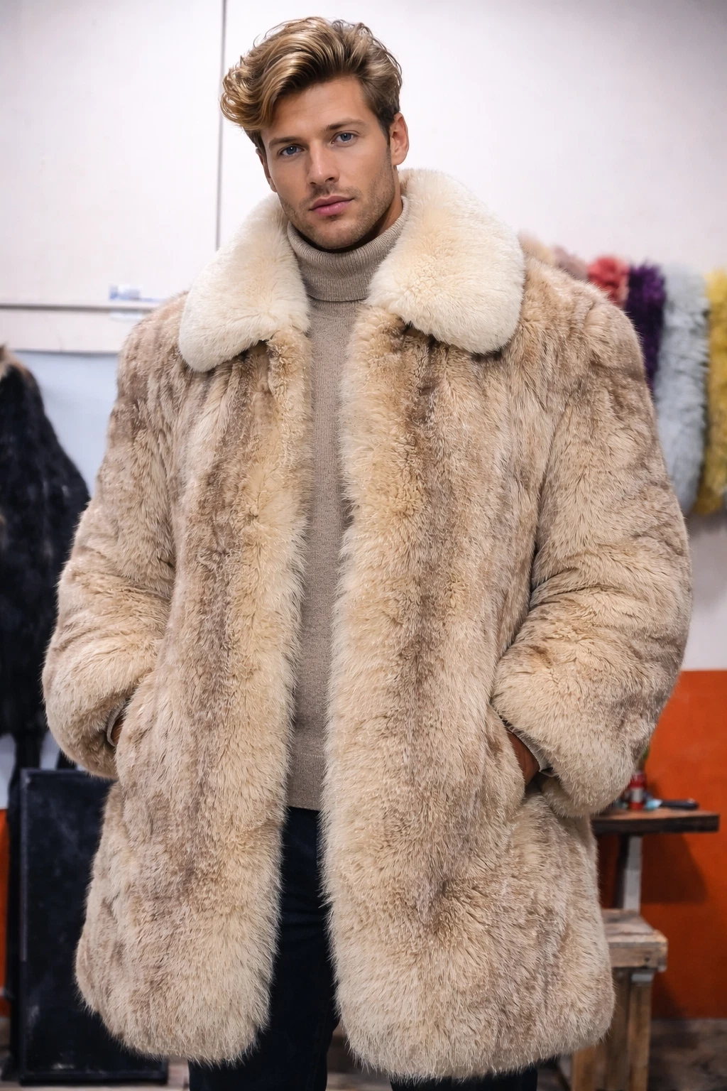 Men’s Premium Blue Fox Fur Coat – Luxury Genuine Fur Winter Jacket