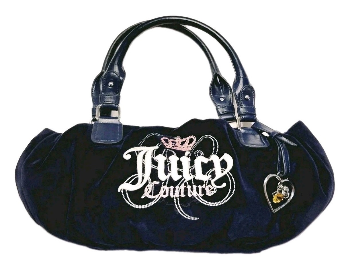 Juicy Couture Vintage Y2K Navy Velour Shoulder Handbag Heart Charm