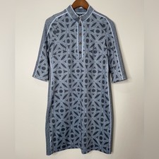 Gretchen Scott Jersey Mandarin Hooplah Dress Gray Light Blue Geometric High Neck