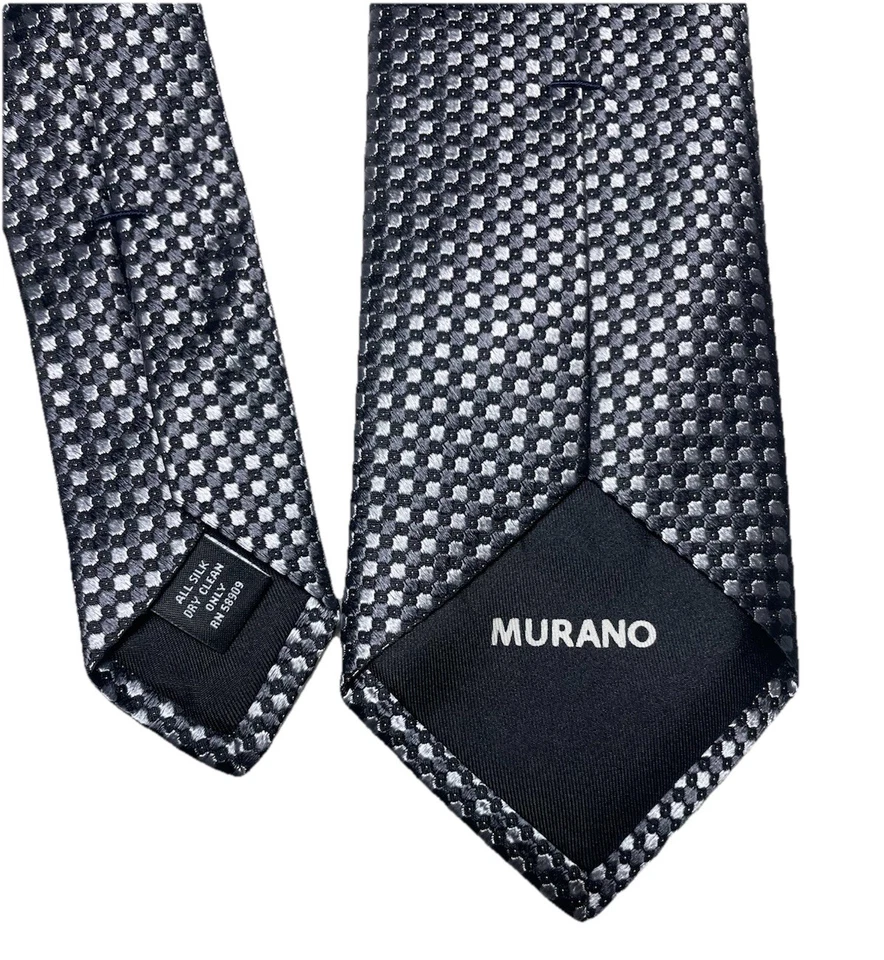 Murano Silk Tie Black & Silver Geometric Check Pattern 100% Silk Classic Necktie - Image 2 of 4