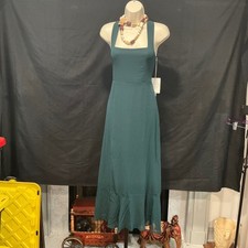 MUMU Emerald Chiffon Green Square Neck Smocked Back Midi Dress Tie Accents XS