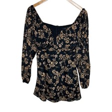 Lulus Floral Print Balloon Sleeve Mini Dress size Medium Black/Gold