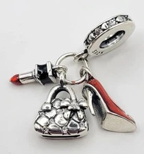 925 Sterling Silver Girls Night Out Charm With Lipstick, High Heel & Purse