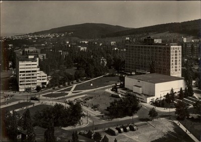 RPPC Aerial Gottwaldov Namesti Prace hotel Moskva vintage postcard c686