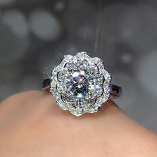 1.74 TCW Round Cut Moissanite Flower Halo Engagement Ring 14k White Gold Plated