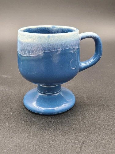 Vintage McCoy Blue & White Footed Stoneware Mug Cup Made USA 7075 Drip Glaze