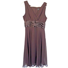 Connected Apparel Brown V-Neck Satin Ruched A-Line Cocktail Dress Size 14