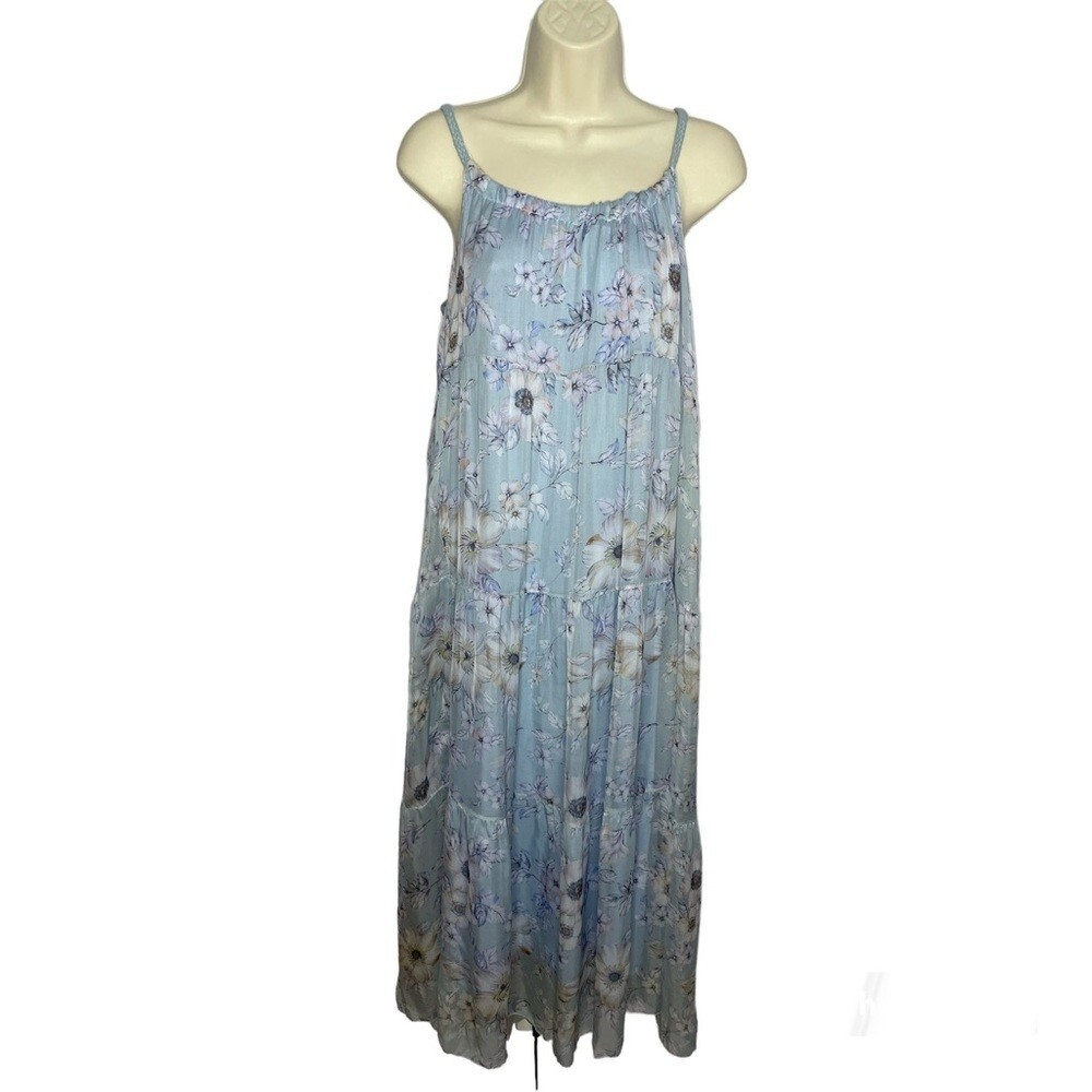 elena baldi silk dresses Elena Baldi Silk Blend Tiered Floral Maxi Dress Blue Purple Relax  Lightweight S