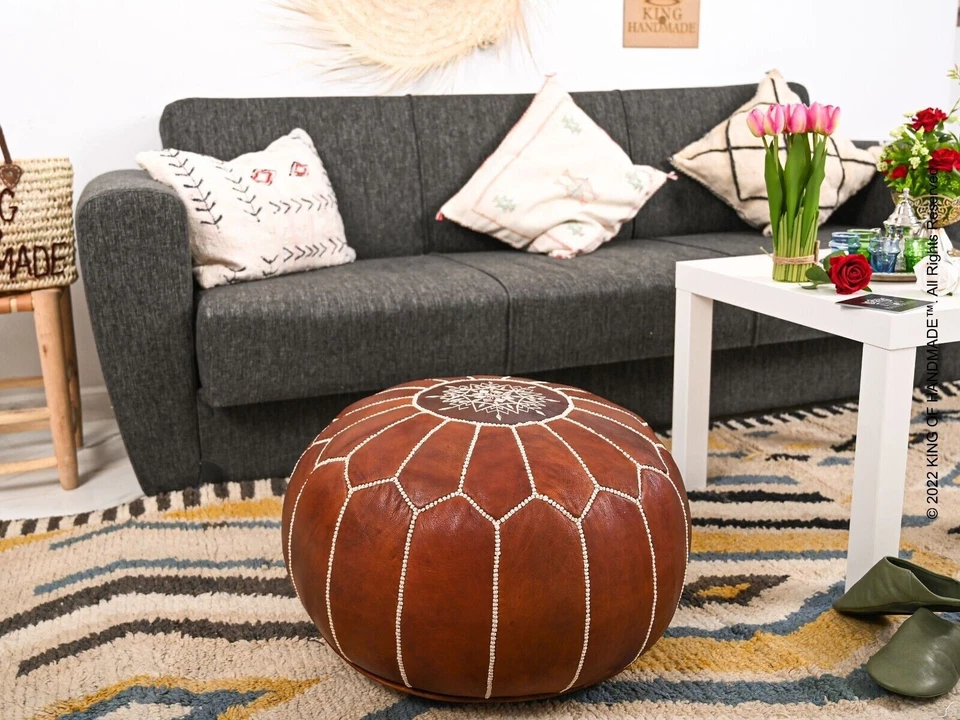 Handmade Round Unstuffed New 24''Footstool Morrocan Boho Leather Footstool NICE - Image 3 of 4