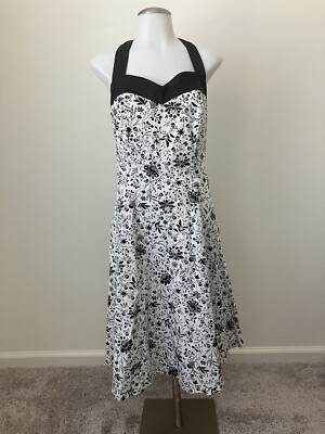 Dress Tells Black Satin Halter Neck Dress White Size XXL Black floral & Skulls