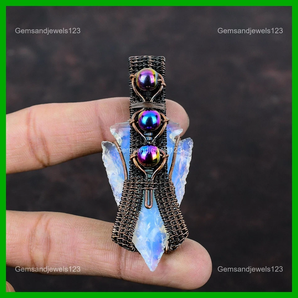 Молочный опал необработанный камень титановые бусины ар-деко проволока обернутая жена подвеска медь - Изображение 3 из 4