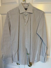 Hugo Boss Dress Shirt. White with brown stripes. Button cuffs.