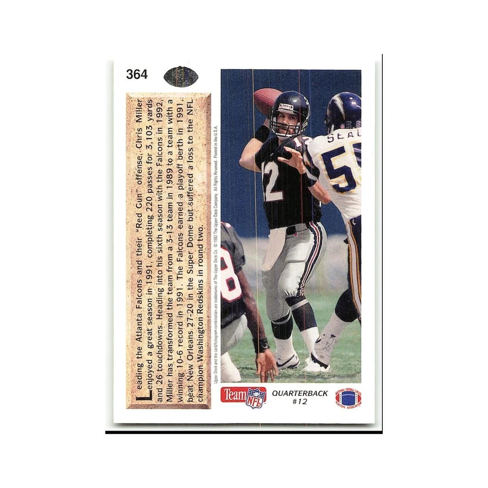 Chris Miller 1992 Upper Deck #364 Atlanta Falcons Football Card NM - Image 2 of 3