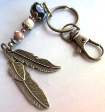 Purse Charm, Double Bronze Feathers, Zipper Pull, Key Ring, Bag Clip 6 3/4 inch