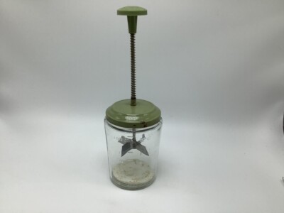 vintage Nut Chopper: ACME 1 1/2 cup size glass jar w Embossed measure GREEN