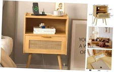 Rattan Nightstand with Outlet,Modern Bedside Table with Storage Drawer and 