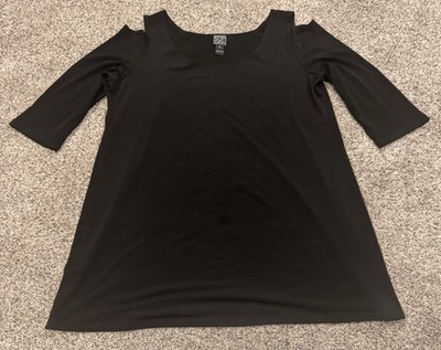 Clara Sun Woo Black Cold Shoulder Top Women s M 3/4 Sleeve Stretch Tunic