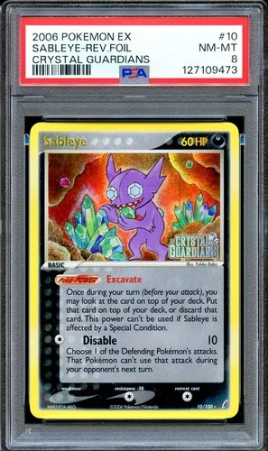 PSA 8 Sableye 10/100 Reverse Foil Stamped Crystal Guardians Pokemon Card NM